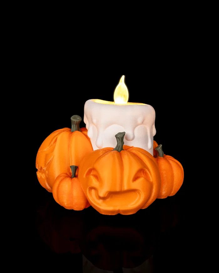 Enfeite de Mesa Halloween 3D com LED – Abóboras e Vela